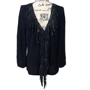 Chico’s Black Cotton Blend Black Boho Faux Leather Fringe Cardigan Size Medium